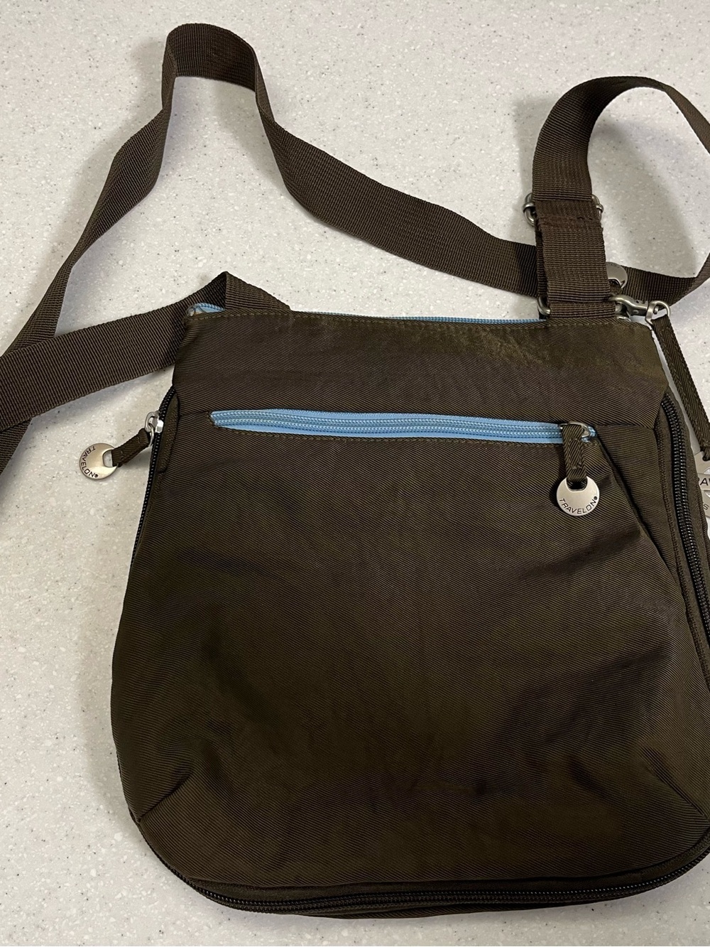 Travelon Brown Crossbody Bag with Light Blue Accents